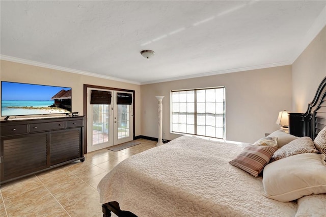 tiled bedroom featuring access to outside, french doors, and ornamental molding