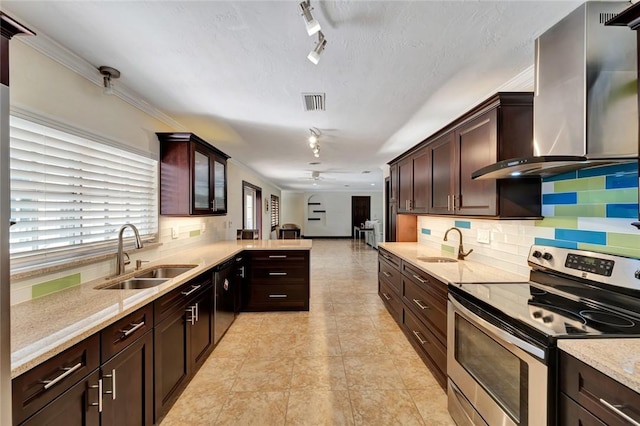 kitchen featuring wall chimney range hood, decorative backsplash, sink, and stainless steel electric range