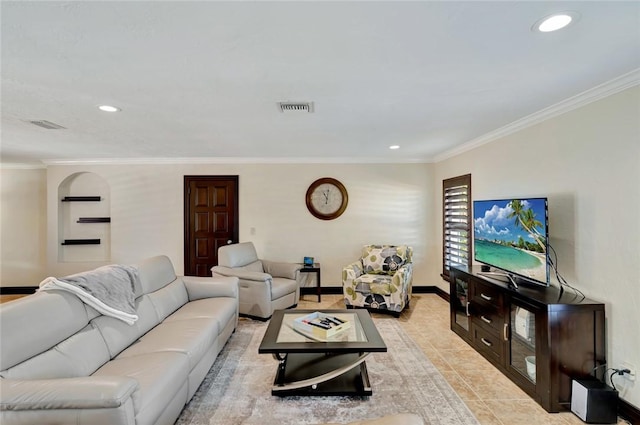 tiled living room with ornamental molding