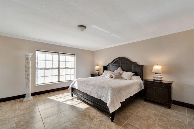 tiled bedroom featuring crown molding