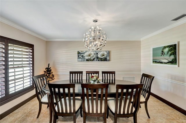 tiled dining area with ornamental molding and a notable chandelier