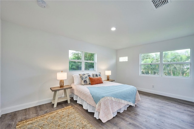 bedroom with multiple windows and dark hardwood / wood-style flooring