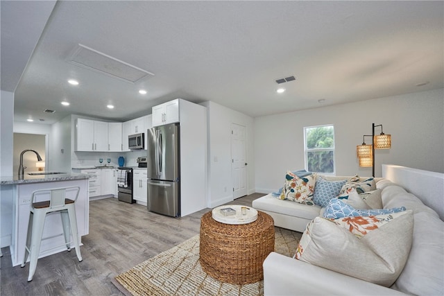 living room featuring sink and light hardwood / wood-style flooring