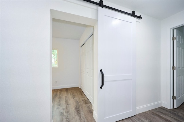 interior space featuring wood-type flooring and a barn door