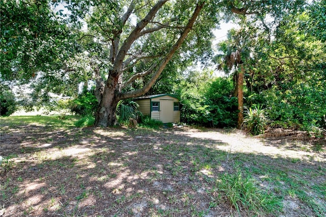 view of yard featuring a storage shed