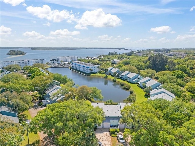 drone / aerial view featuring a water view