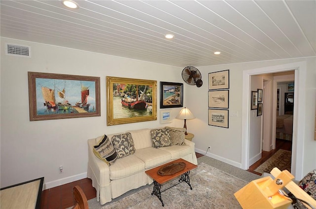 living room featuring wooden ceiling