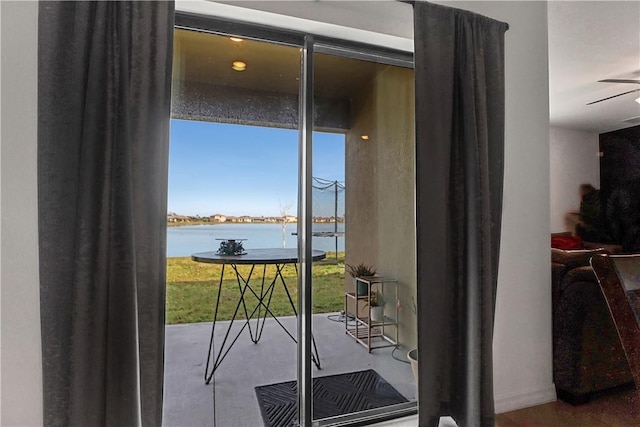 entryway with a water view