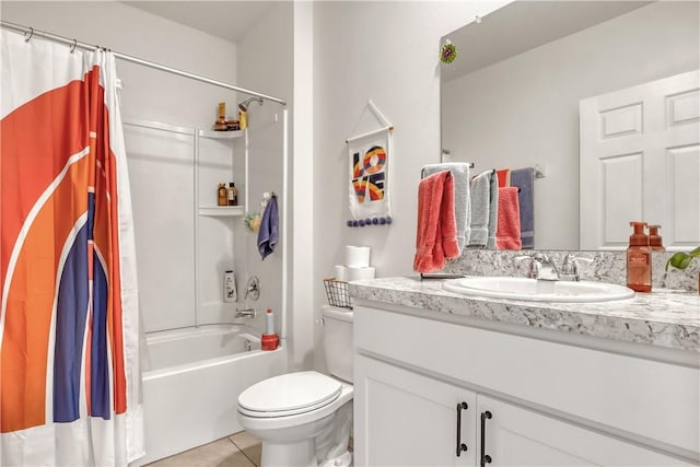 full bathroom featuring shower / bath combination with curtain, vanity, toilet, and tile patterned flooring