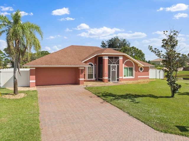 ranch-style house featuring a garage and a front yard