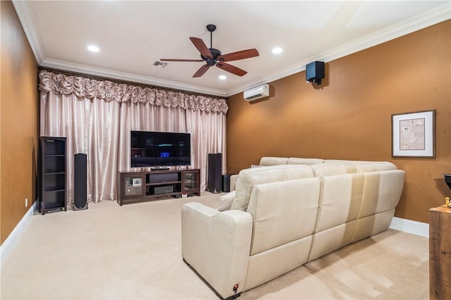 carpeted cinema with a wall unit AC, visible vents, baseboards, and ornamental molding