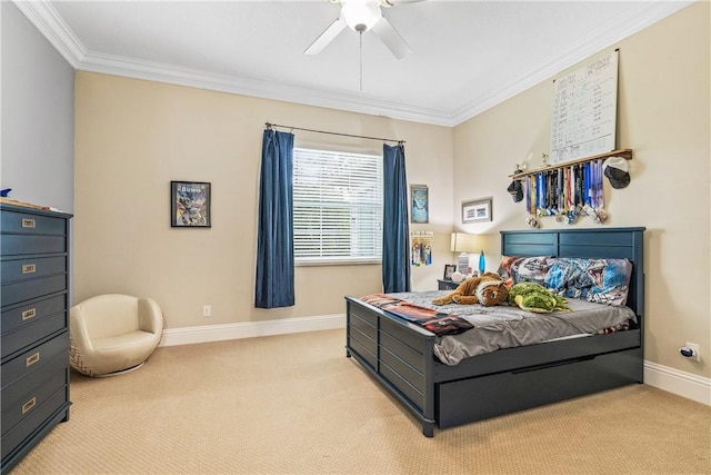 bedroom featuring light colored carpet, a ceiling fan, crown molding, and baseboards