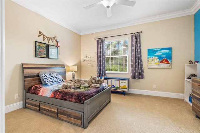 bedroom with baseboards, carpet, ornamental molding, and a ceiling fan