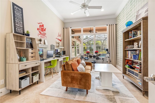 office featuring crown molding, light tile patterned floors, baseboards, and ceiling fan