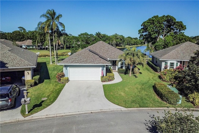 ranch-style home with an attached garage, a front lawn, and concrete driveway