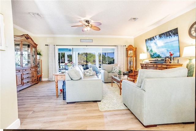 living area featuring visible vents, ornamental molding, ceiling fan, and light wood-type flooring