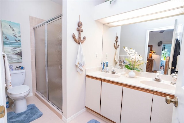 bathroom with tile patterned floors, vanity, toilet, and a shower with door