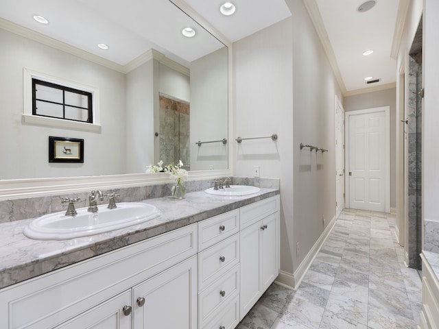 bathroom featuring walk in shower, vanity, and crown molding