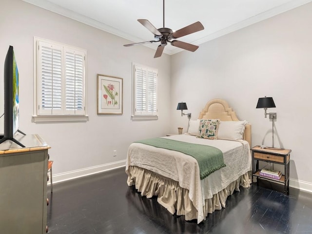 2646 Cardinal Dr, Vero Beach, FL 32963 - bedroom featuring baseboards, crown molding, dark wood-style floors, and ceiling fan