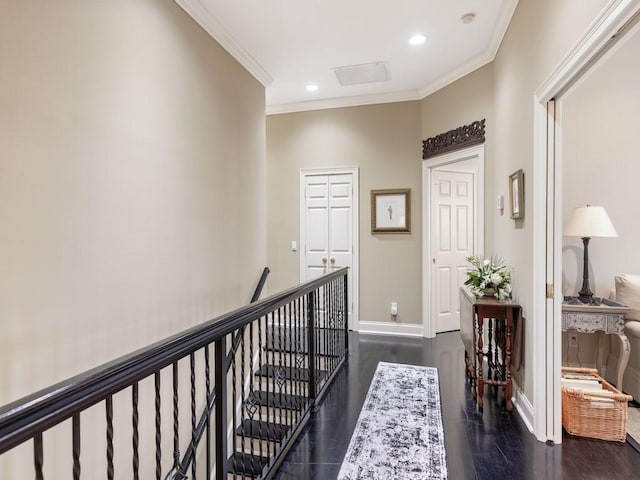 2646 Cardinal Dr, Vero Beach, FL 32963 - corridor with an upstairs landing, baseboards, crown molding, recessed lighting, and wood finished floors