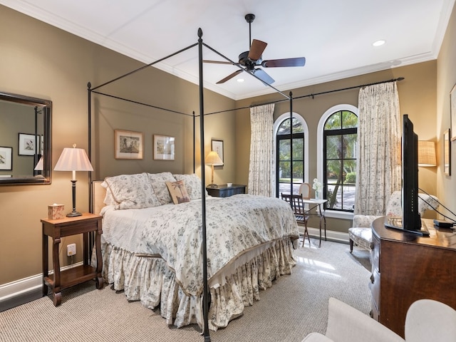 bedroom with ornamental molding, light carpet, and ceiling fan