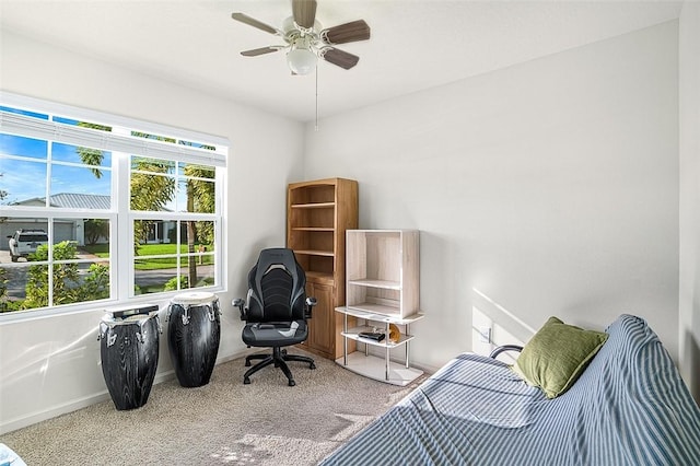 interior space with ceiling fan, a healthy amount of sunlight, and carpet flooring