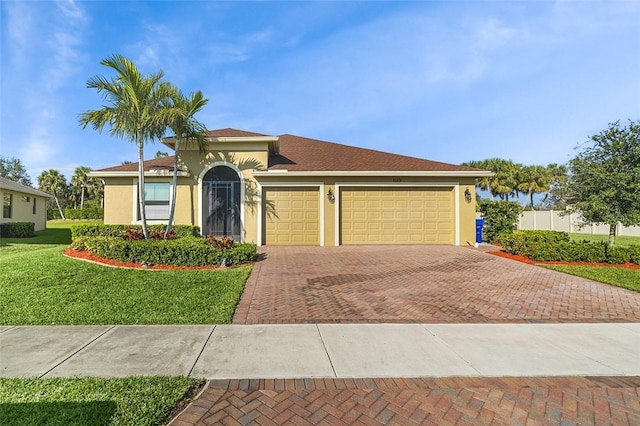 view of front of property with a garage and a front lawn