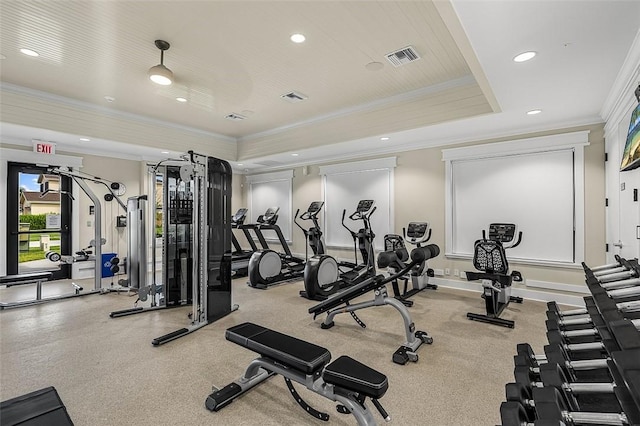 exercise room featuring ornamental molding and a tray ceiling