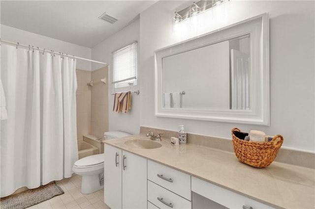 bathroom with toilet, vanity, visible vents, tile patterned floors, and shower / tub combo with curtain