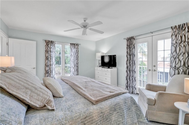 bedroom with access to outside, ceiling fan, and french doors