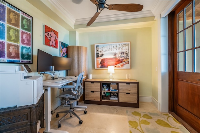 office featuring ceiling fan and crown molding