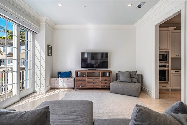 tiled living room with ornamental molding