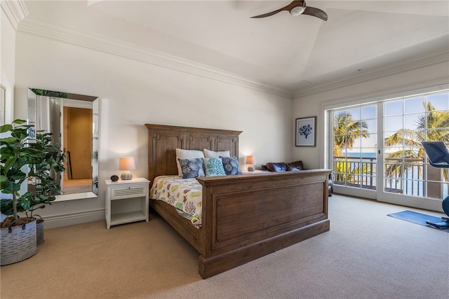 bedroom with access to outside, vaulted ceiling, ceiling fan, ornamental molding, and light colored carpet