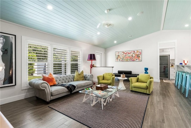 living room featuring wine cooler, lofted ceiling, wood finished floors, wooden ceiling, and baseboards