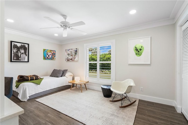 bedroom with baseboards, ornamental molding, dark wood finished floors, and recessed lighting