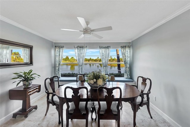 33 Plantation Dr Unit 104, Vero Beach, FL 32966 - dining area with healthy amount of natural light, ornamental molding, ceiling fan, and a water view