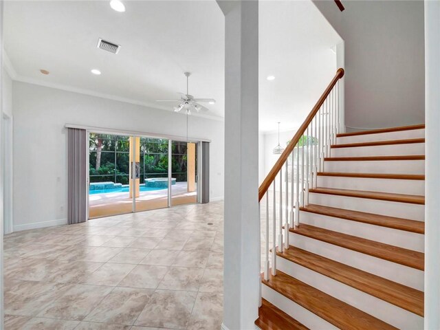 view of swimming pool with an in ground hot tub, glass enclosure, ceiling fan, and a patio area