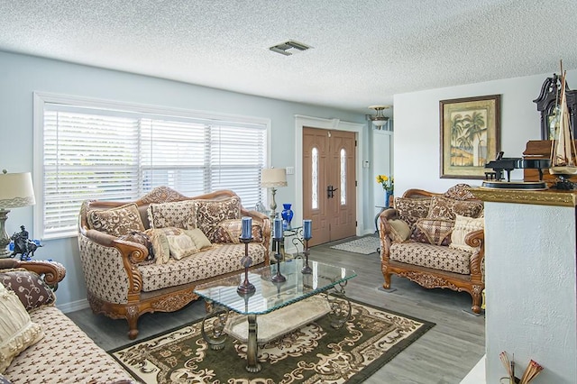 living room featuring a wealth of natural light, wood-type flooring, and a textured ceiling