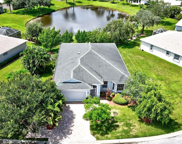 bird's eye view with a water view