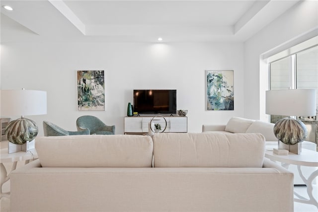 living room featuring a tray ceiling