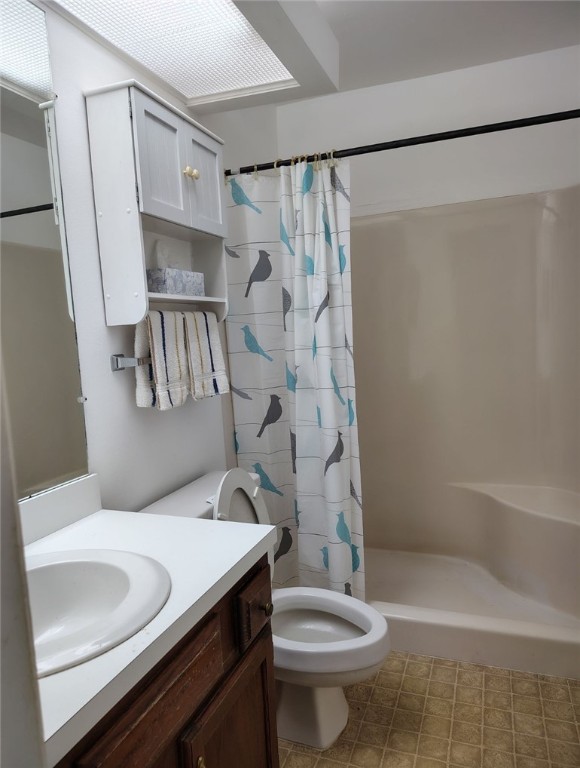 bathroom featuring vanity, toilet, and a shower with curtain