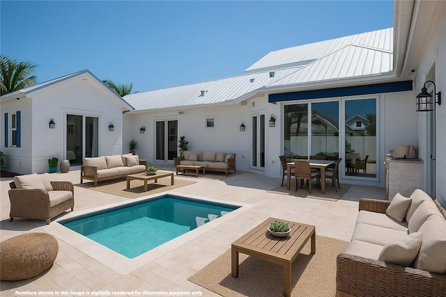 95 Strand Dr, Vero Beach, FL 32963 - rear view of house featuring outdoor lounge area, a metal roof, a patio, stucco siding, and a standing seam roof