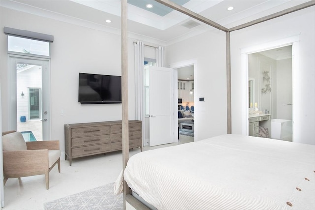 95 Strand Dr, Vero Beach, FL 32963 - bedroom with ornamental molding, recessed lighting, light colored carpet, and connected bathroom