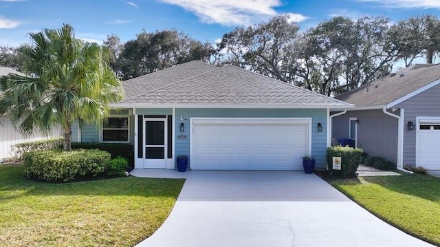 ranch-style home with a front yard and a garage