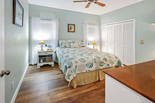 bedroom featuring ceiling fan, a closet, and dark hardwood / wood-style floors