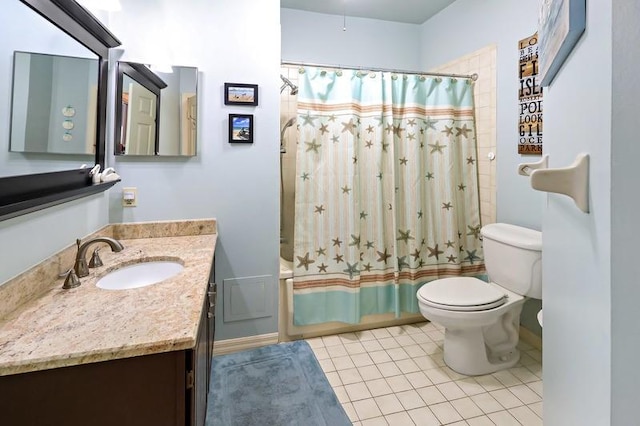 full bathroom with shower / bathtub combination with curtain, vanity, tile patterned floors, and toilet