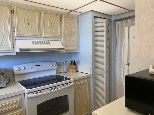 kitchen featuring exhaust hood, light brown cabinetry, and electric range