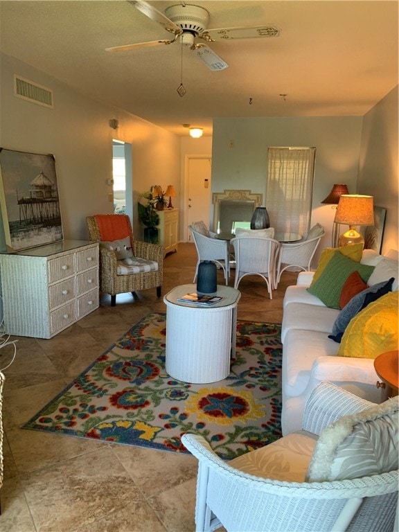 living room with ceiling fan