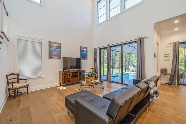 living room featuring light hardwood / wood-style floors, a towering ceiling, and crown molding