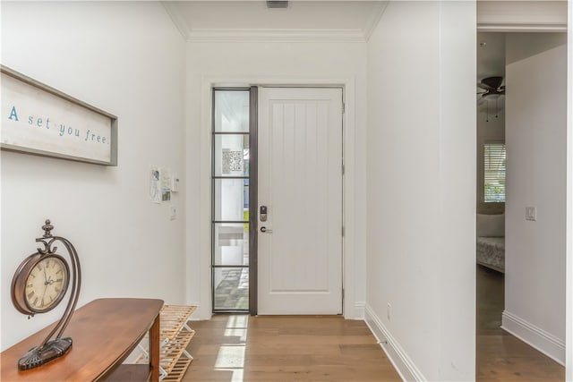 entrance foyer featuring hardwood / wood-style floors and ornamental molding